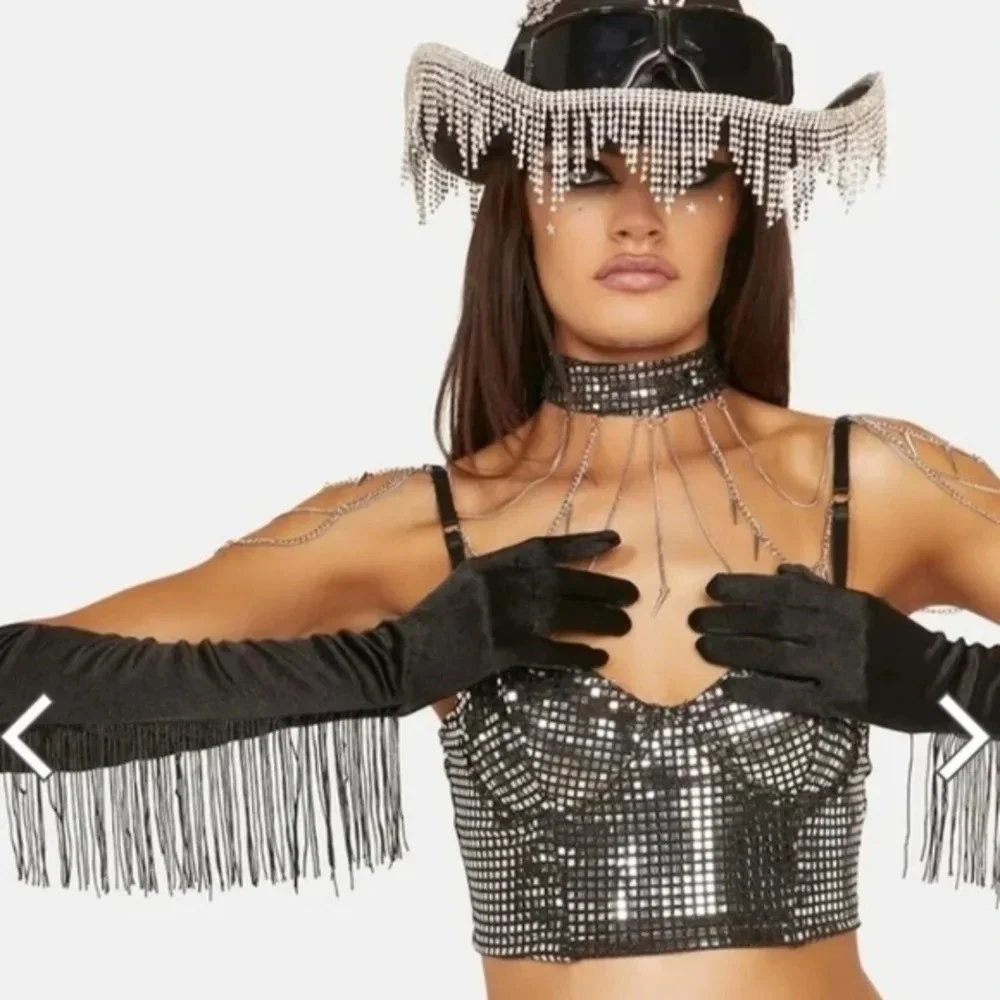Black Satin Long Fringe‎ Gloves  NWT